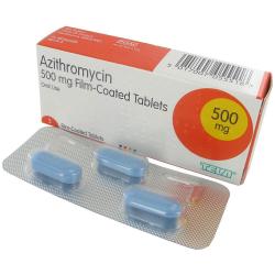 Box of Azithromycin 500mg film-coated tablets with blister pack