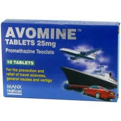 Pakke med Prometazin 25mg (Avomine), 10 tabletter