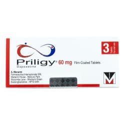 Forsiden av en Priligy 60 mg boks, inneholder 3 tabletter