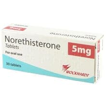 A caixa contém 30 comprimidos de Norethisterone 5mg para uso oral