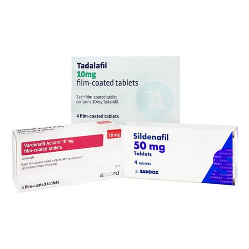 Pacote Embalagem Tadalafila, 10 mg, 4 comprimidos revestidos por película/Verdafila Accord, 10 mg, 4 comprimidos revestidos por película/Sildenafila, 50 mg, 4 comprimidos