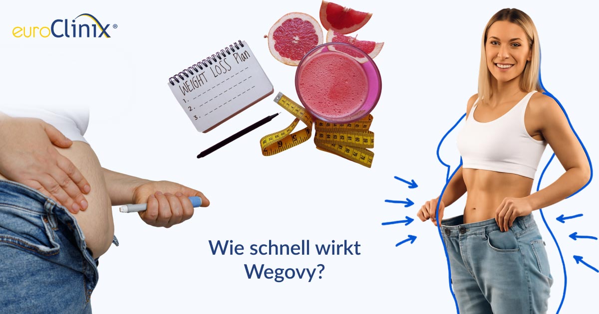 Collage aus Bildern einer Frau mit einem Abnehm-Injektionspen, einem Glas Grapefruitsaft neben einem Abnehmplan-Buch und einer glücklichen Frau mit sichtbaren Abnehmerfolgen.
