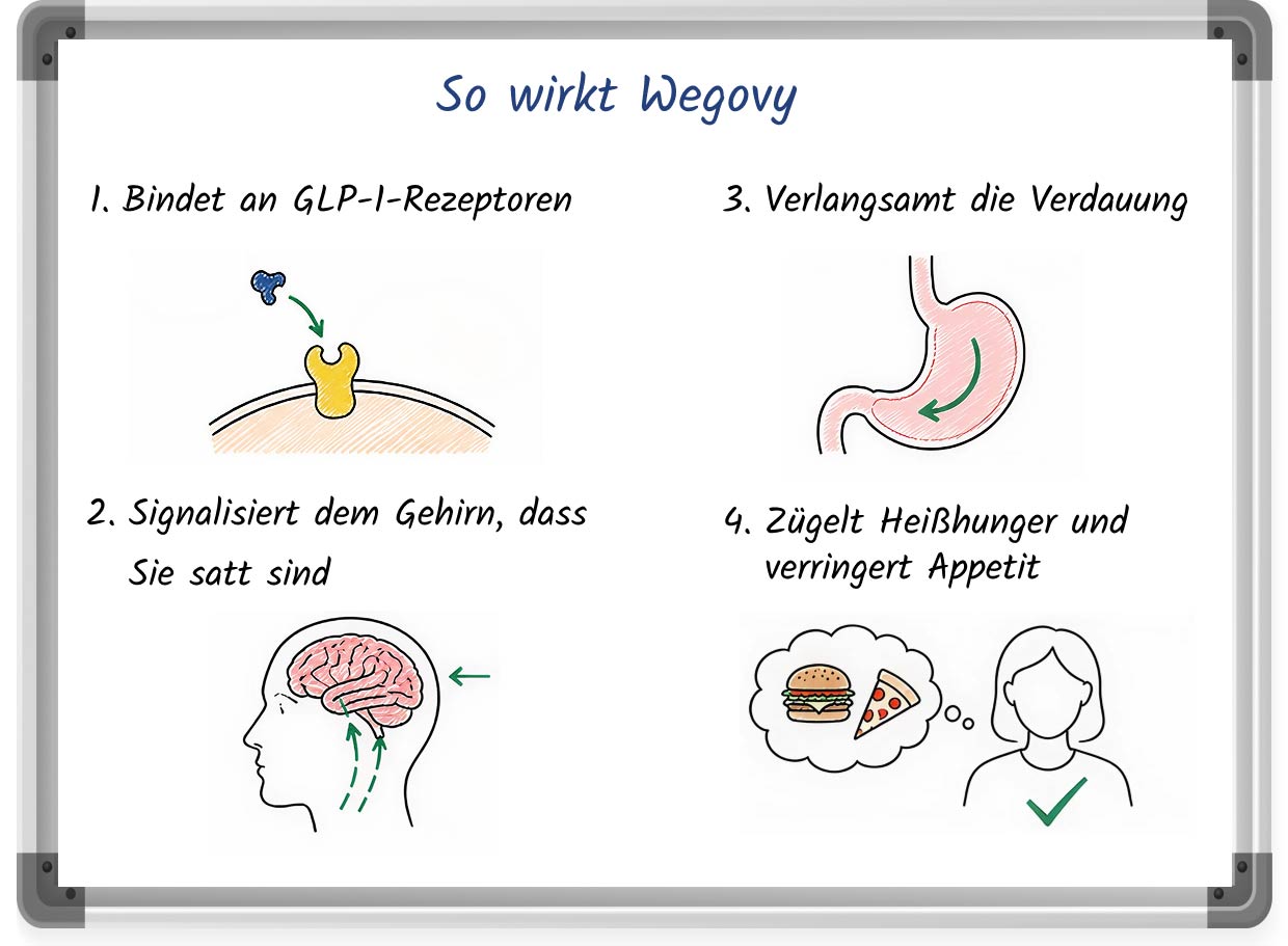 Skizzenhafte Illustration stellt dar, wie Wegovy wirkt
