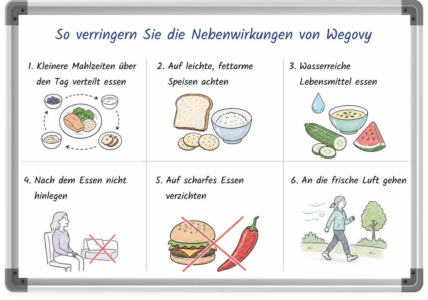 Grafik mit Tipps gegen die Nebenwirkungen von Wegovy.