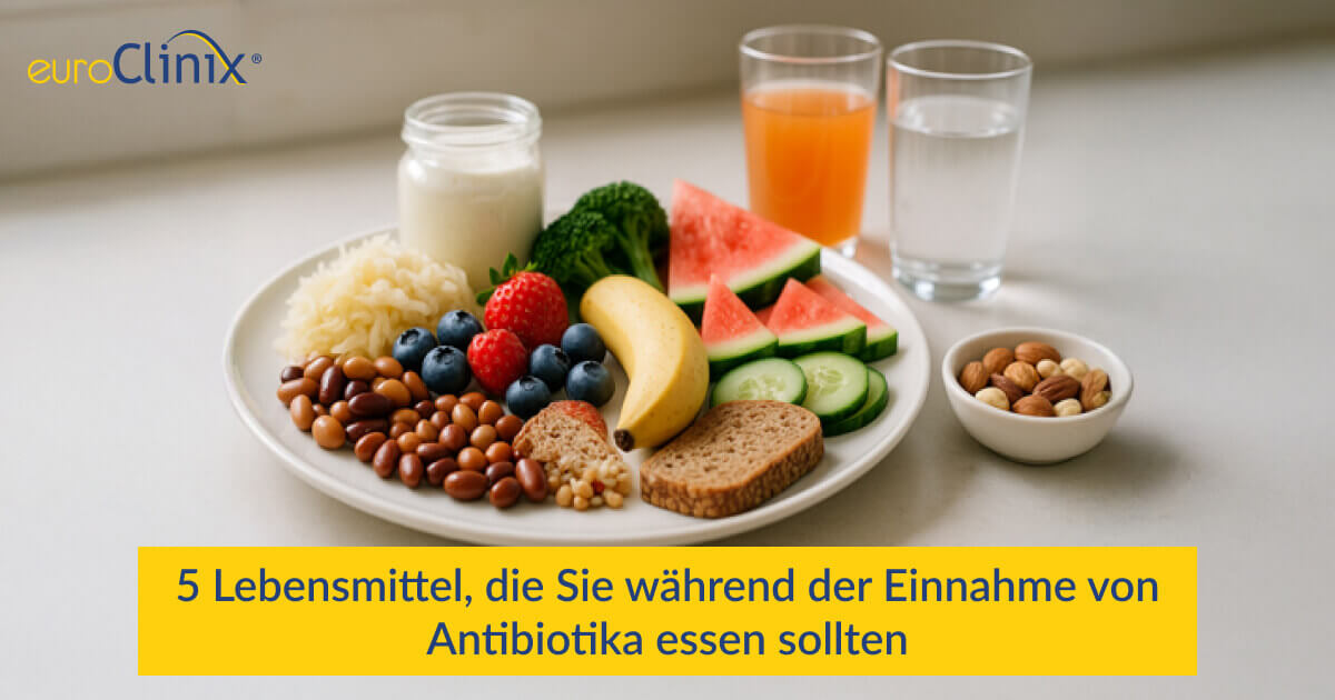 Auswahl an gesunden Speisen und Getränken auf einem Teller