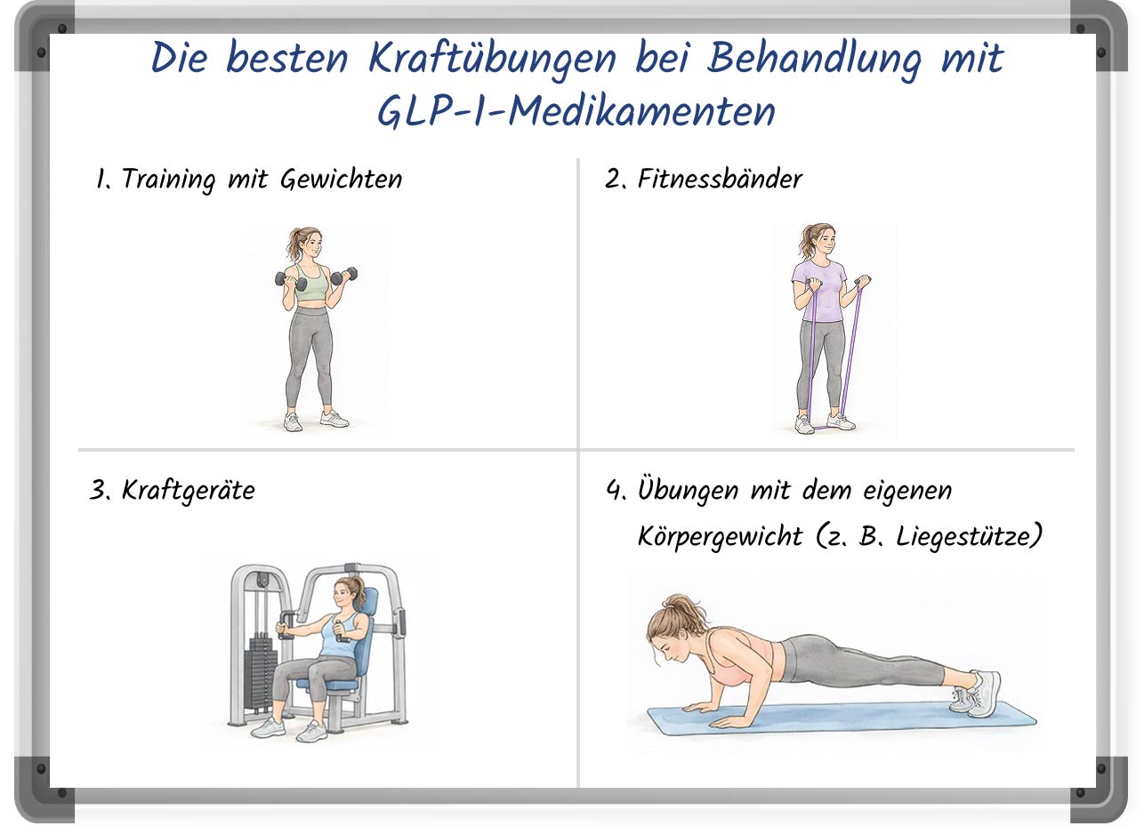 Et diagram, der viser de bedste styrkeøvelser for personer, der bruger GLP-1-medicin.