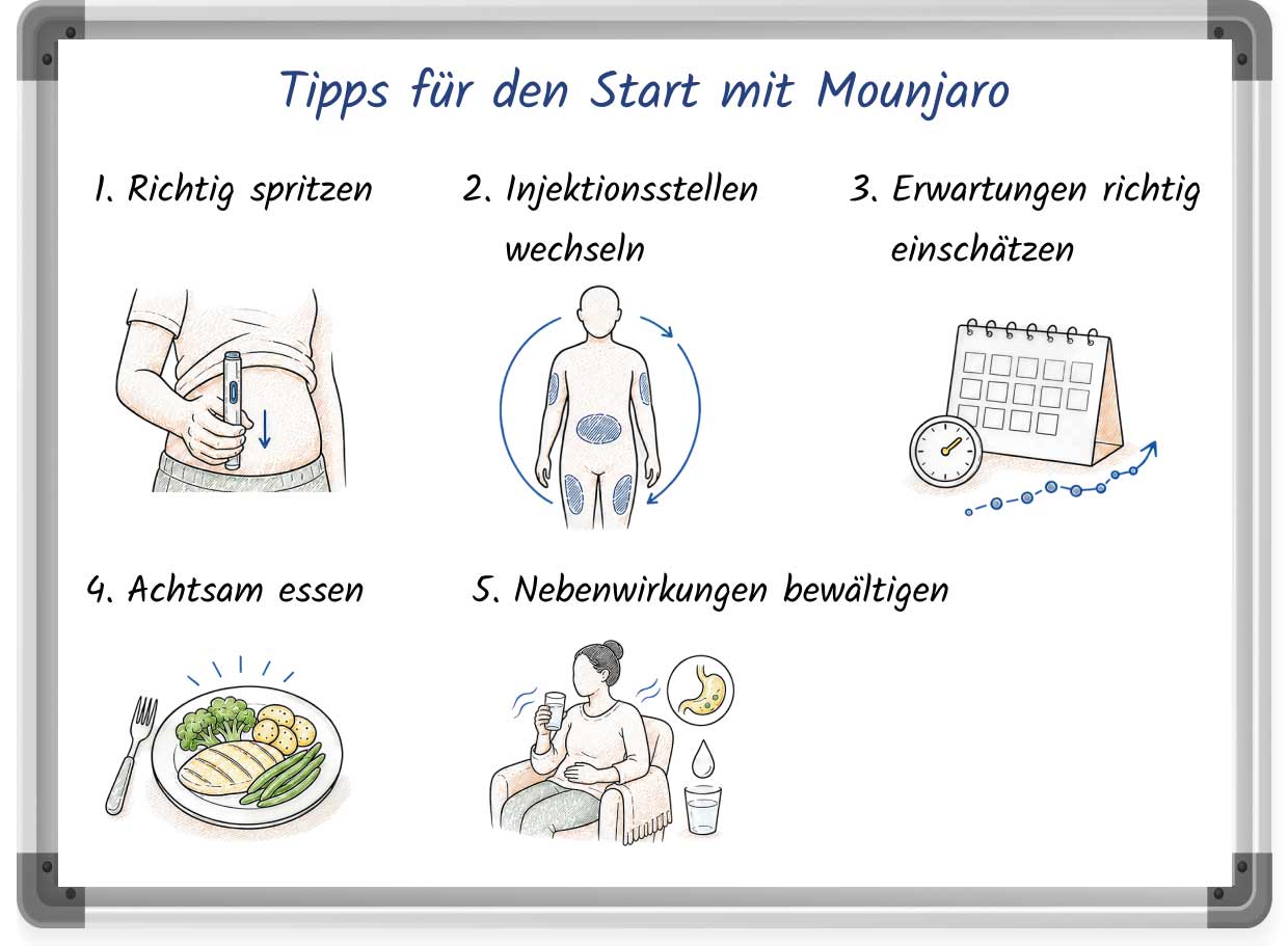 Sketch illustration listing helpful tips for when starting treatment with Mounjaro