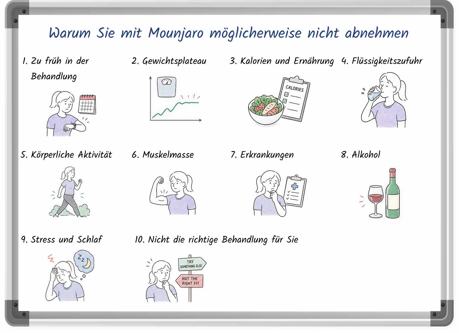Skizzierte Illustration zeigt die häufigsten Gründen, wieso Menschen mit Mounjaro nicht abnehmen