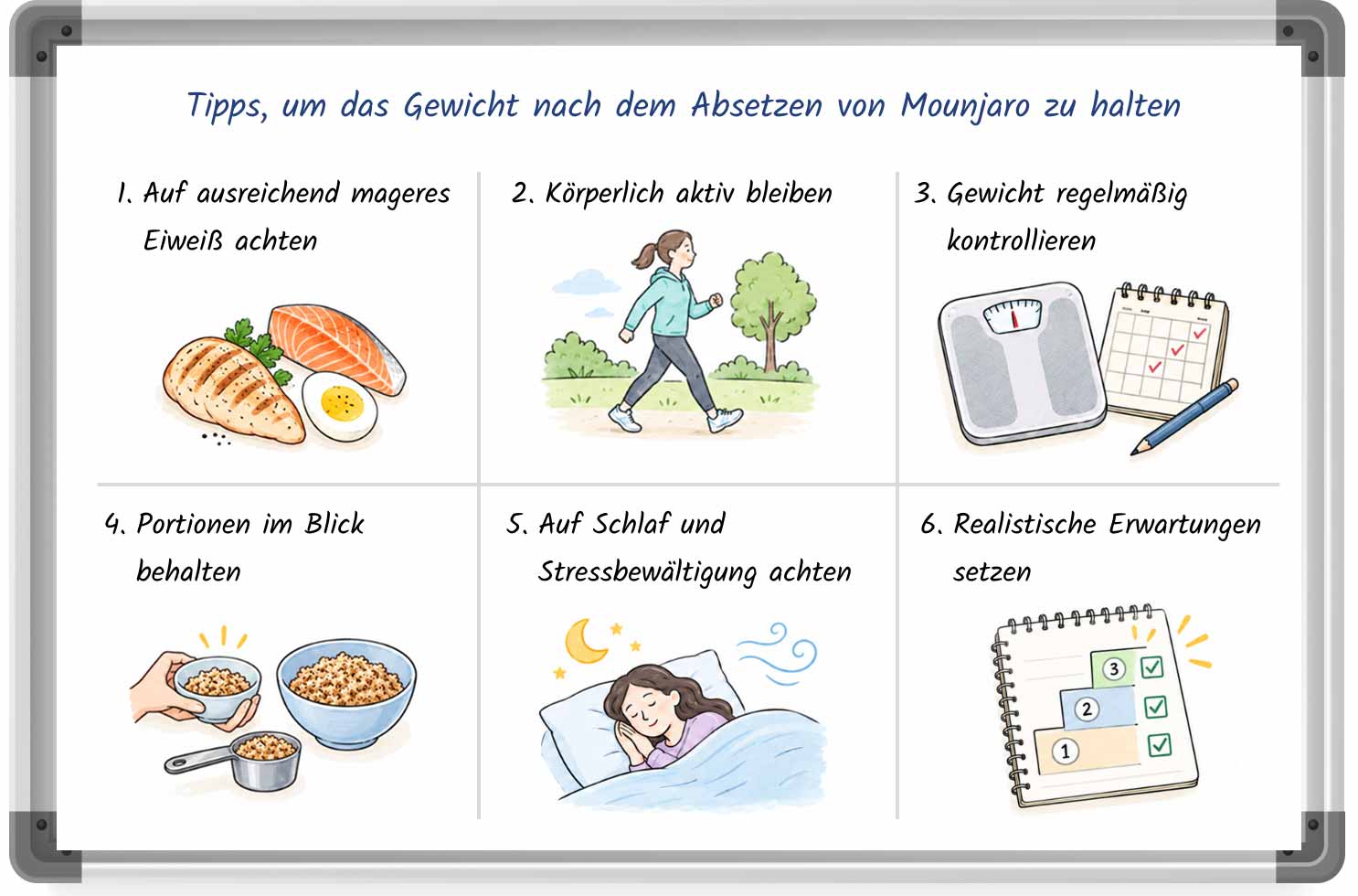 Whiteboard mit Tipps, wie man das Gewicht nach dem Absetzen von Mounjaro halten kann