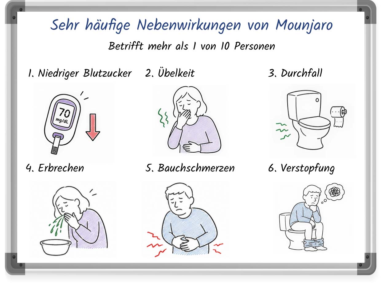Skizze zu den sehr häufigen Nebenwirkungen von Mounjaro mit Stichpunkten und Bildern