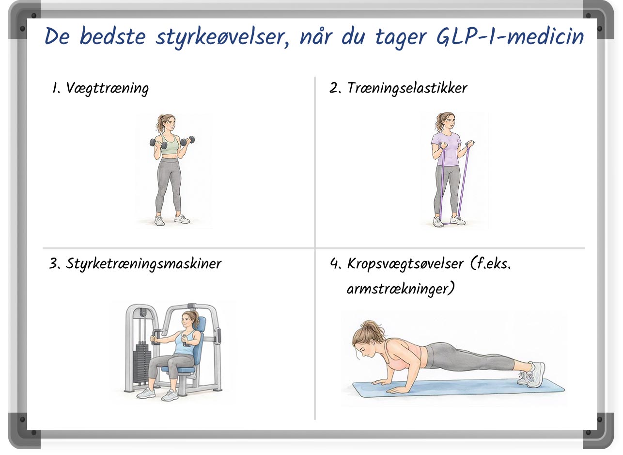 Et diagram, der viser de bedste styrkeøvelser for personer, der bruger GLP-1-medicin.