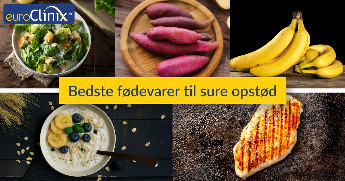 Collage af de bedste fødevarer til sure opstød