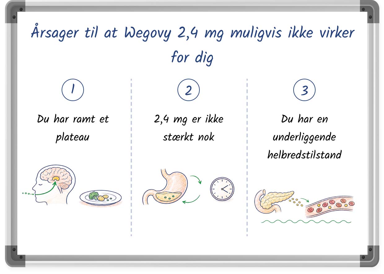 En skitseret grafik, der viser mulige årsager hvorfor Wegovy 2,4 mg ikke virker
