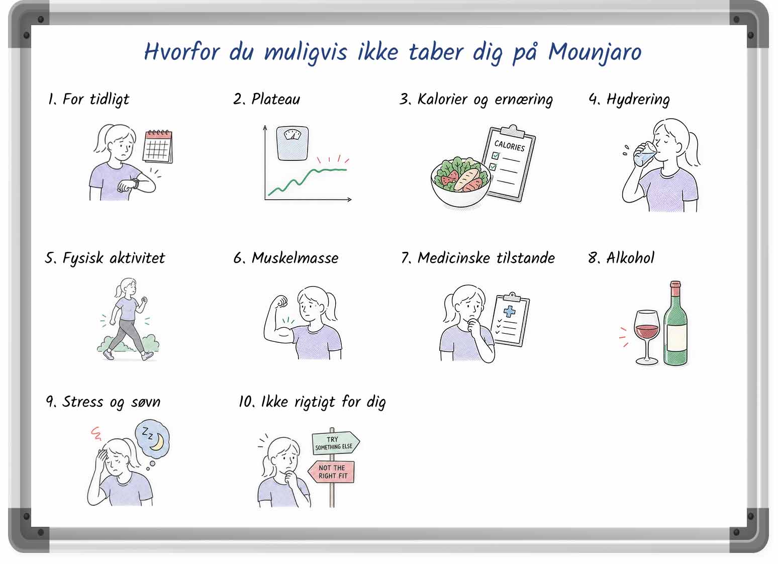 Et skitseret billede, der viser grunde til, at folk ikke taber sig på Mounjaro