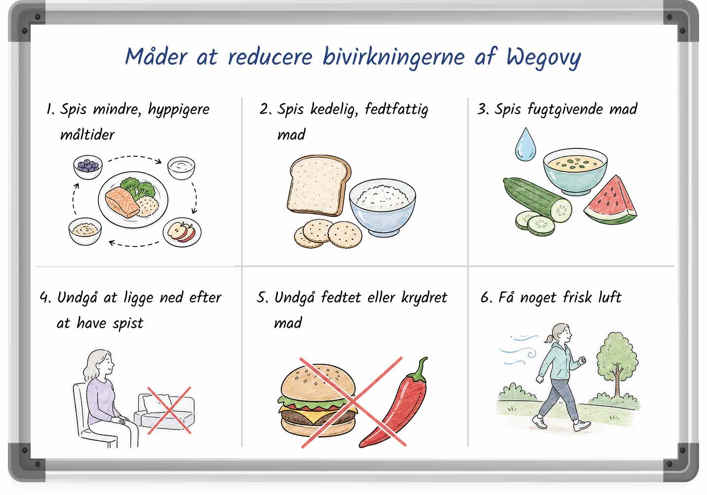 Whiteboard-lignende grafik, der viser måder at reducere bivirkningerne ved Wegovy.