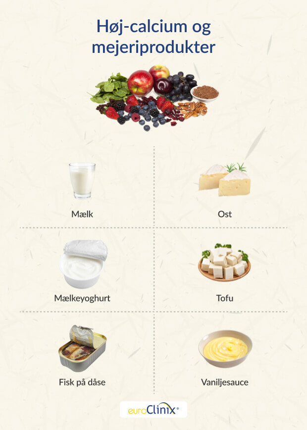 Udvalg af høj-calcium og mejeriprodukter på hvid baggrund.