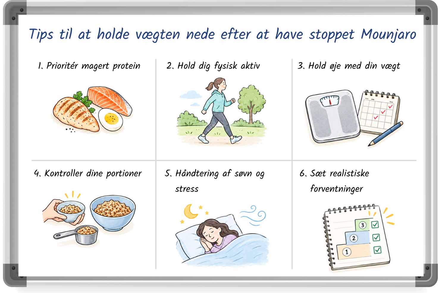 En whiteboard-lignende grafik med tips til at holde vægten nede efter at have stoppet Mounjaro