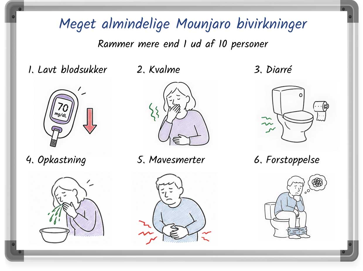 En skitseret liste over meget almindelige bivirkninger af Mounjaro, komplet med punktopstilling og billeder