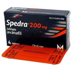 Kasse med 4 Spedra® 200 mg tabletter med en blisterstrimmel