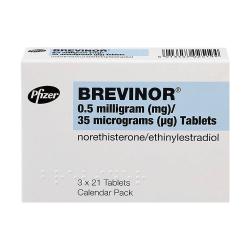 Pakken indeholder 63 tabletter af Brevinor® 0,5 mg/35μg norethisteron/ethinylestradiol