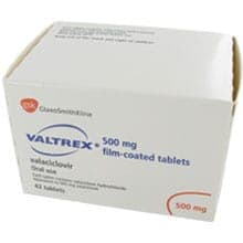 Boks indeholder 42 filmbelagte tabletter af Valtrex® 500 mg Valaciclovir