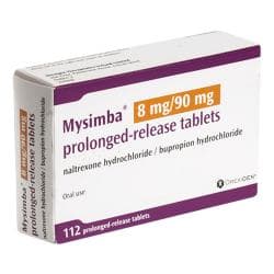 Pakke med mysimba 8 mg/90 mg naltrexon/bupropion hydrochlorid 112 Langfristede-release-tabletter