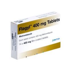 Flagyl pakke med 14 tabletter af 400 mg metronidazol fra Sanofi