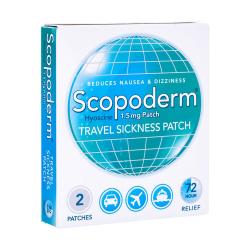 Pakke med Scopoderm® Hyoscine 1,5 mg rejsesygeplaster