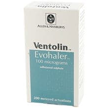 Pakke Ventoline Inhalationsspray med 0.1 mg Salbutamol per dosis
