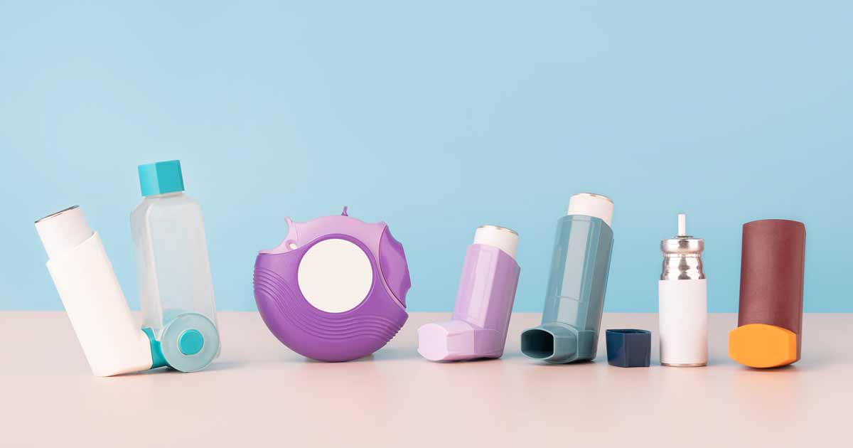 Variety of asthma inhalers on blue and white backgrounds.