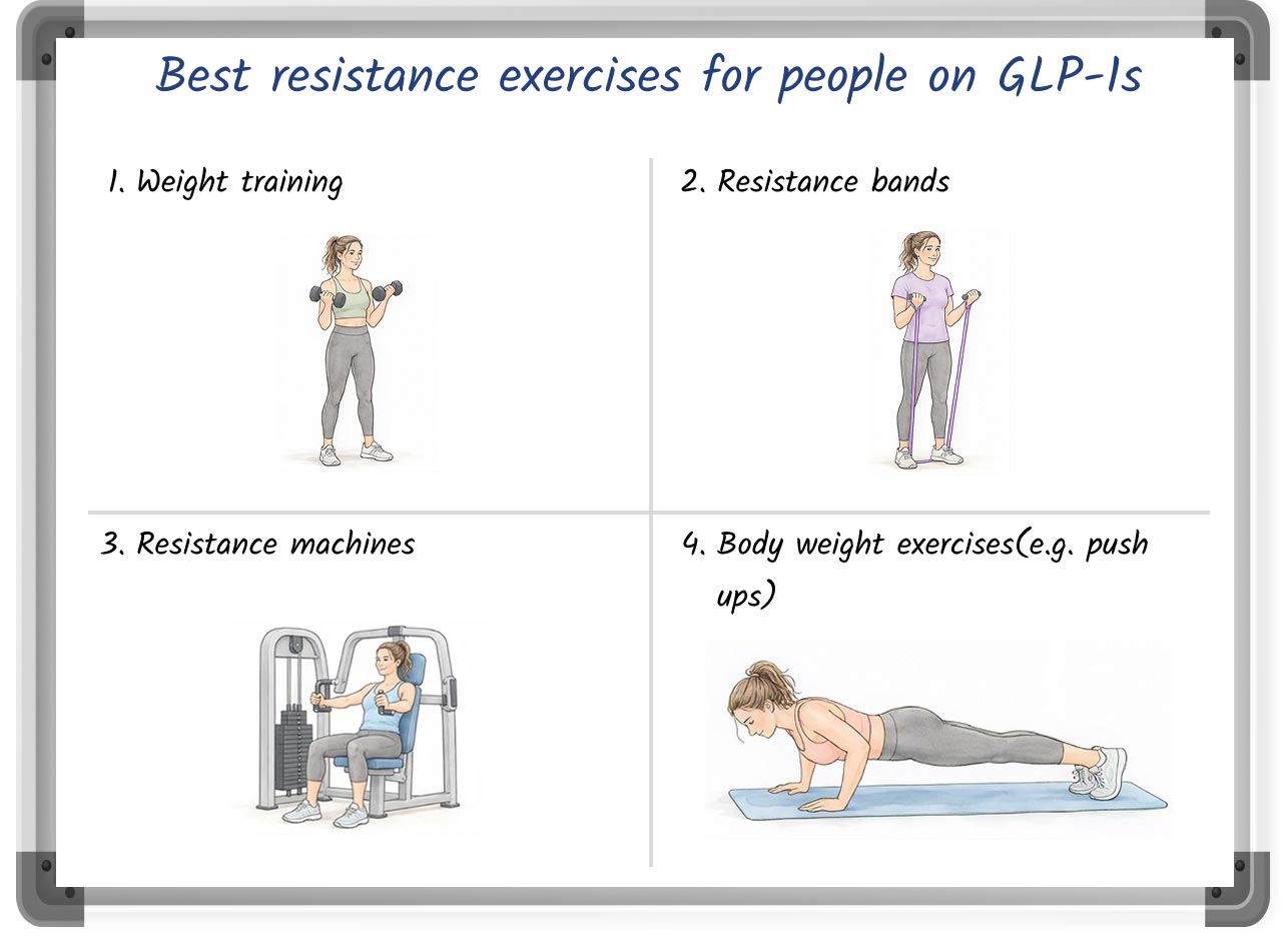 A diagram listing the best resistance exercises for people using GLP-1 medications.