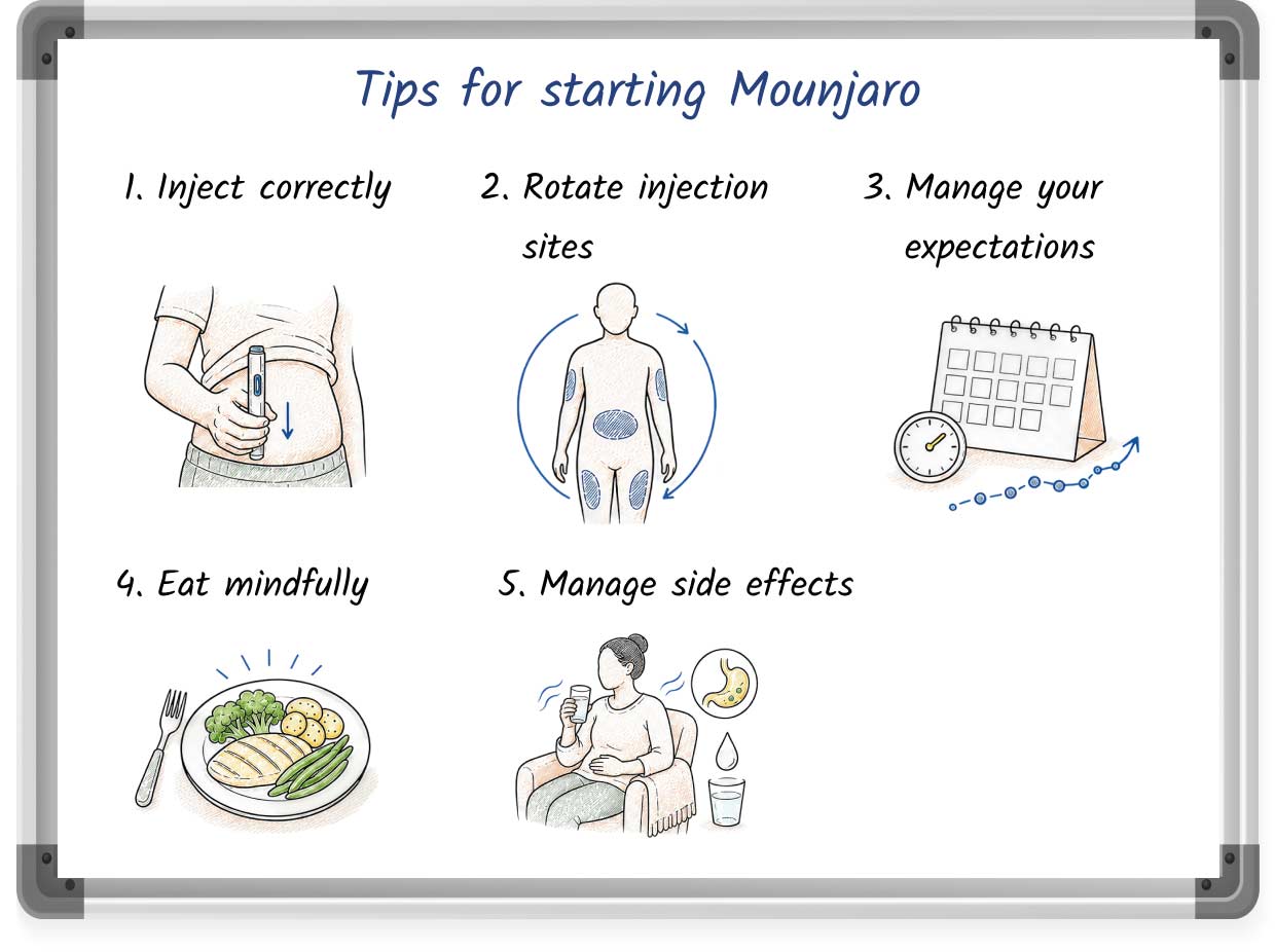 Sketch illustration listing helpful tips for when starting treatment with Mounjaro