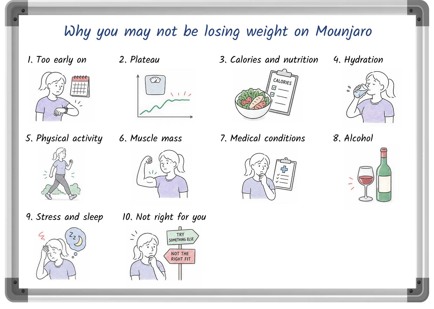 A sketched image listing reasons people aren’t losing weight on Mounjaro