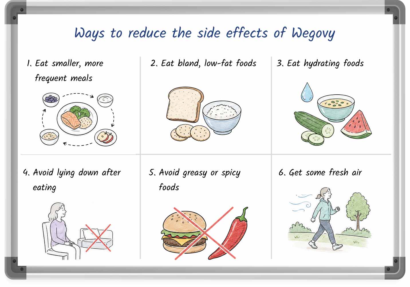Whiteboard-style graphic showing ways to reduce side effects of Wegovy.