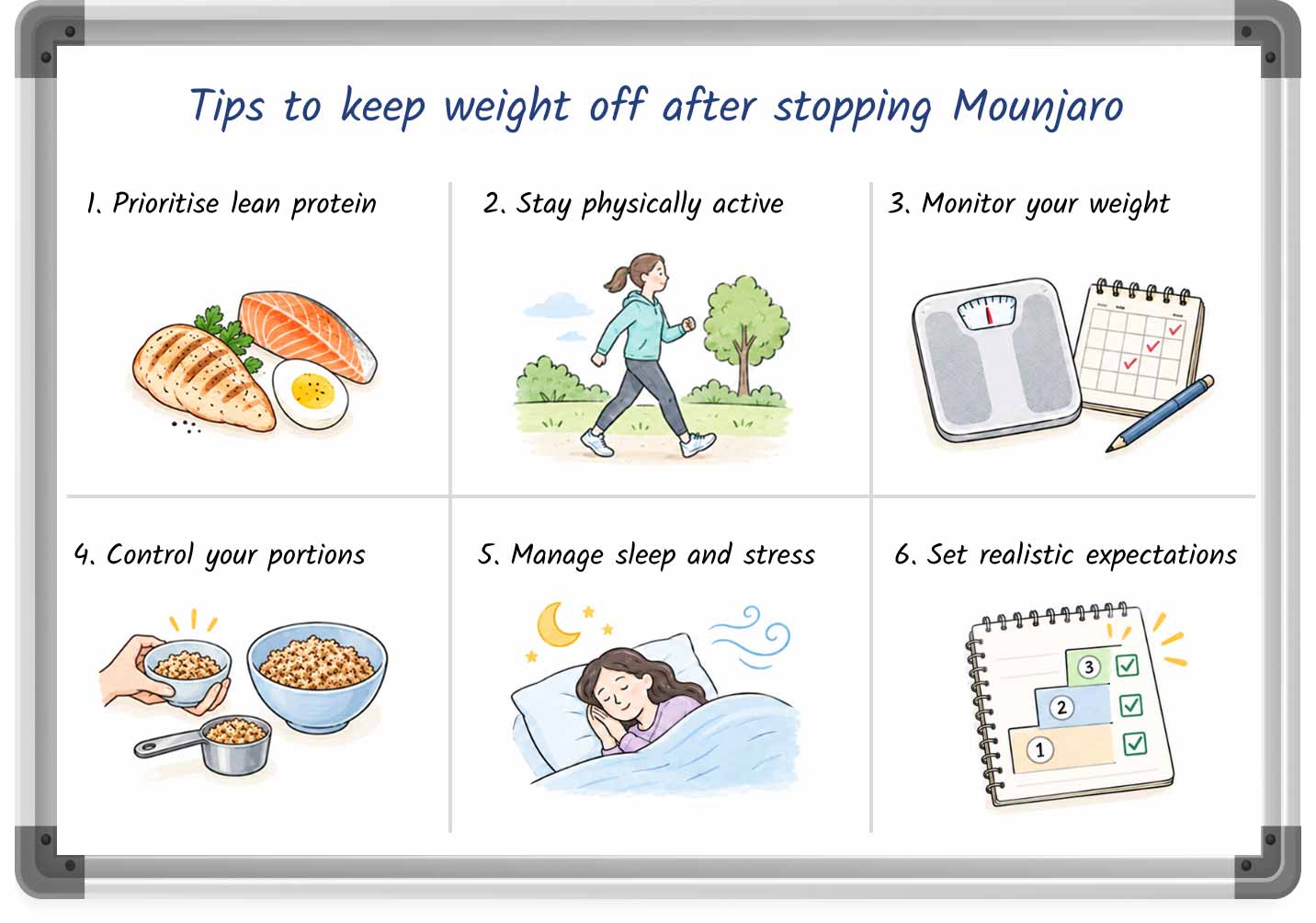 A whiteboard-style graphic listing tips to keep weight off after stopping Mounjaro