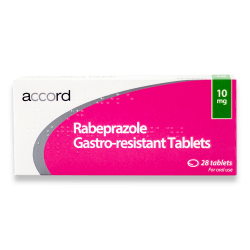 Box of 28 Rabeprazole 10mg gastro-resistant tablets for oral use