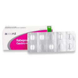 Package of 28 Rabeprazole 10mg gastro-resistant tablets with a blister strip