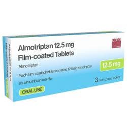 A box of 3 Almotriptan 12.5mg film-coated tablets