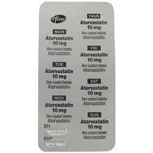 Back view of Atorvastatin 10mg tablet blister pack