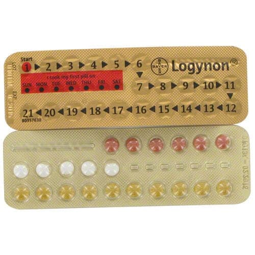 Front and rear view of Logynon tablets blister packs
