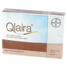 Pack of 28 film-coated Qlaira estradiol valerate/dienogest tablets
