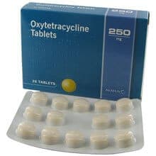 The package includes 28 tablets of Oxytetracycline 250mg with a blister strip