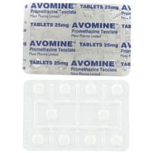 Front and back of an Avomine 25mg tablet blister packs