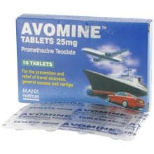 Box of Avomine travel sickness tablets with a blister strip