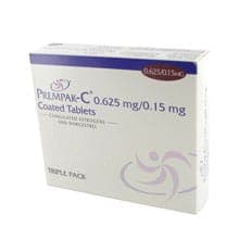 Box of Prempak-C 0.625mg/0.15mg conjugated estrogens and norgestrel coated tablets