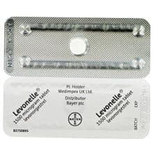 Front and back of Levonelle® 1500 microgram tablets blister packs