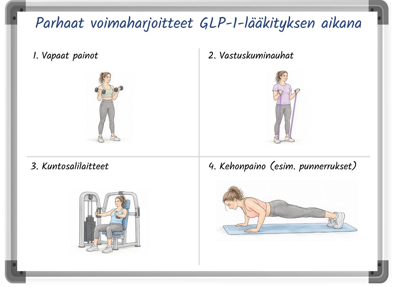 Kaavio, jossa esitellään sopivia voimaharjoittelumuotoja GLP-1-lääkityksen aikana.