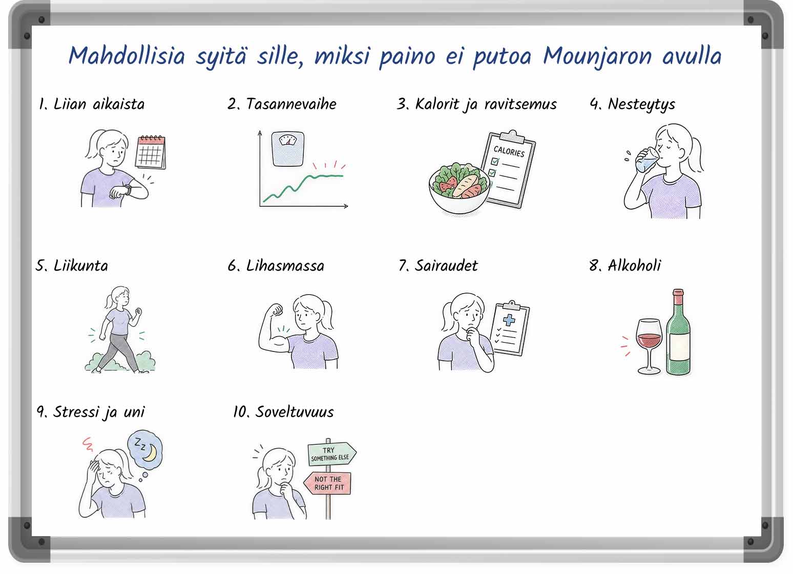 Grafiikka, jossa luetellaan mahdollisia syitä sille, miksi paino ei laske Mounjaron avulla