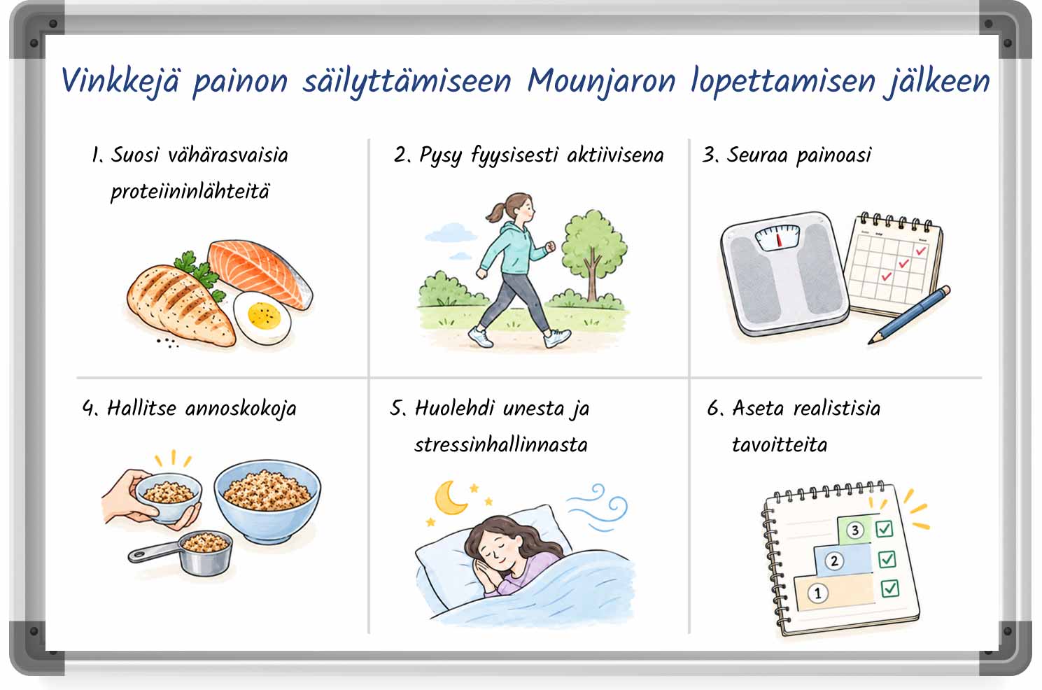 Valkotaulutyylinen grafiikka, jossa on annettu vinkkejä painon säilyttämiseen Mounjaron lopettamisen jälkeen