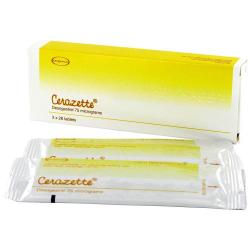Cerazette Desogestrel 75 mcg tuotepakkaus ja muovikääreet